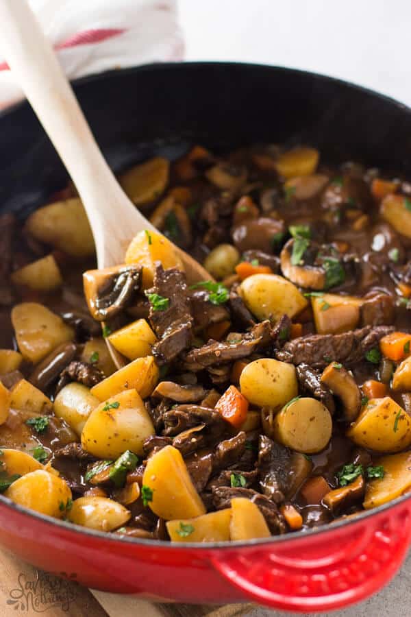 Beef tips and gravy skillet, ready to serve.