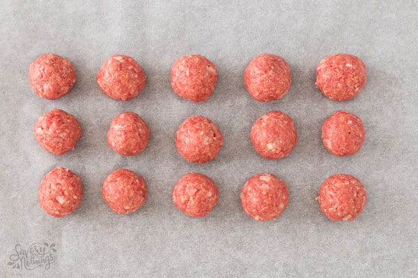 top down view on meatballs on baking sheet