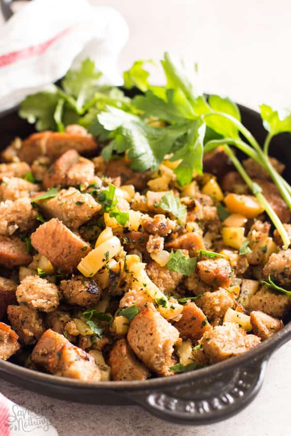 close up of stuffing in skillet