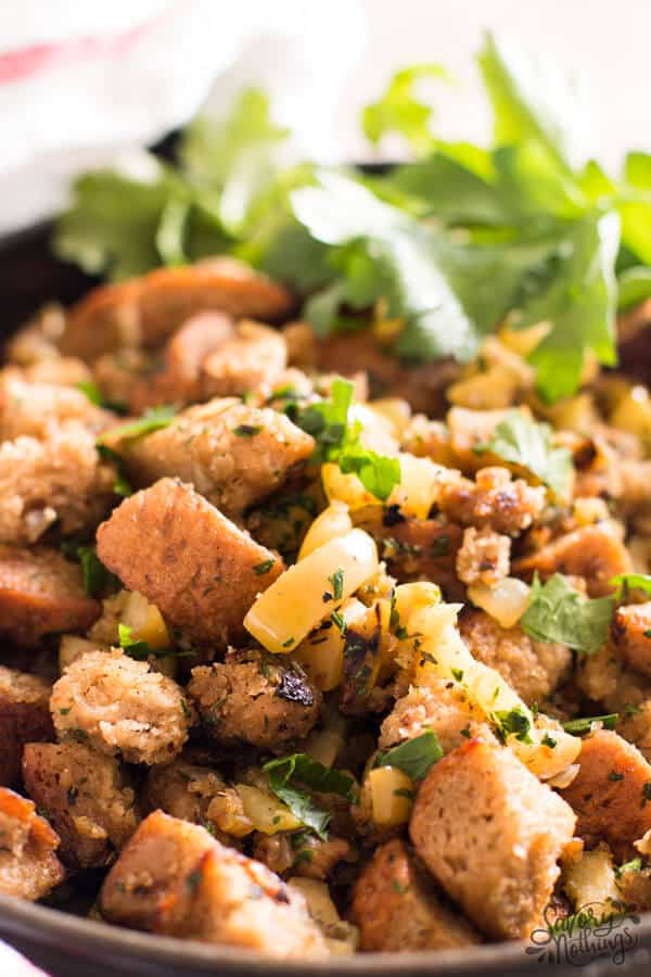 Close up of vegetarian rye bread, onion and apple stuffing for Thanksgiving.