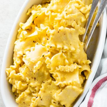 butternut squash pasta in white dish