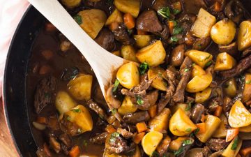skillet with beef tips and gravy