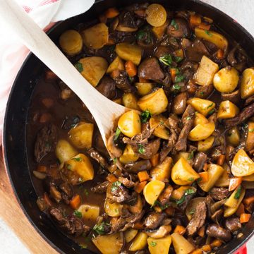 skillet with beef tips and gravy