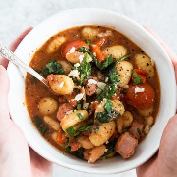 tuscan gnocchi in white bowl