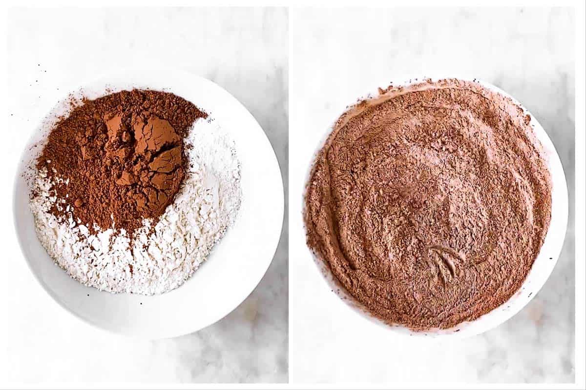 photo collage to show how to combine dry ingredients for chocolate banana muffins