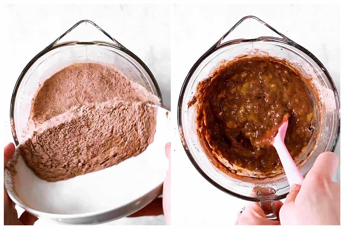 photo collage to show how to combine batter for chocolate banana muffins