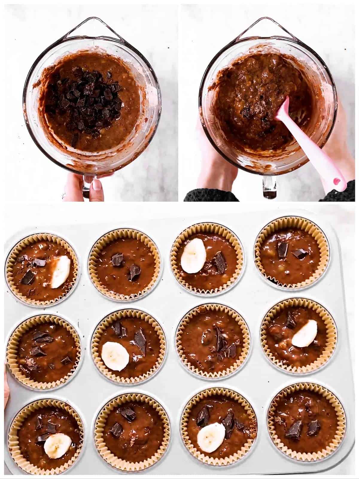 photo collage to show how to assemble chocolate banana muffins into muffin pan