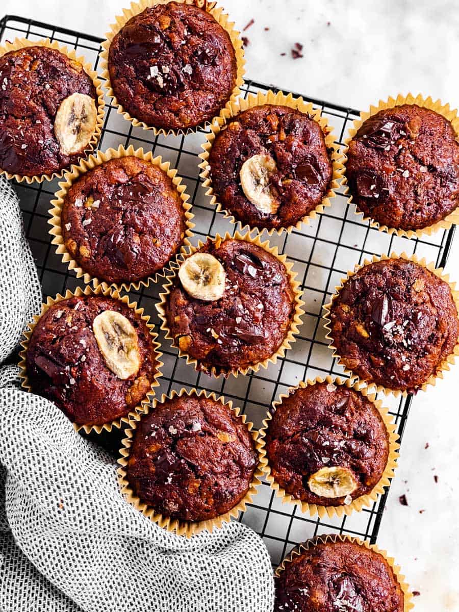 chocolate banana muffins on cooling rack