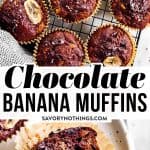 These healthier double chocolate banana muffins are loaded with extra mashed bananas, dark chocolate chips and whole wheat for healthy goodness. A short ingredient list and easy instructions make them quick and simple to assemble. Sneak them into a lunch box or make them for a special breakfast or weekend brunch. Thanks to all the banana they are incredibly moist. If you want to prep them ahead, they can easily go into the freezer! | #healthy #healthybreakfast #muffins