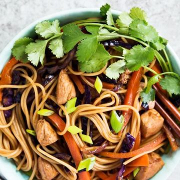 overhead view of bowl with noodles