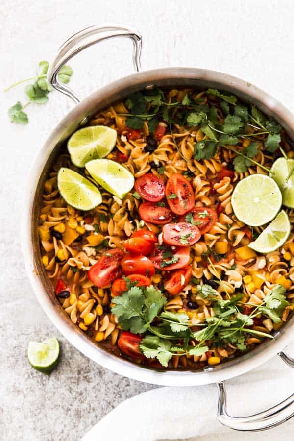 skillet with one pot enchilada pasta