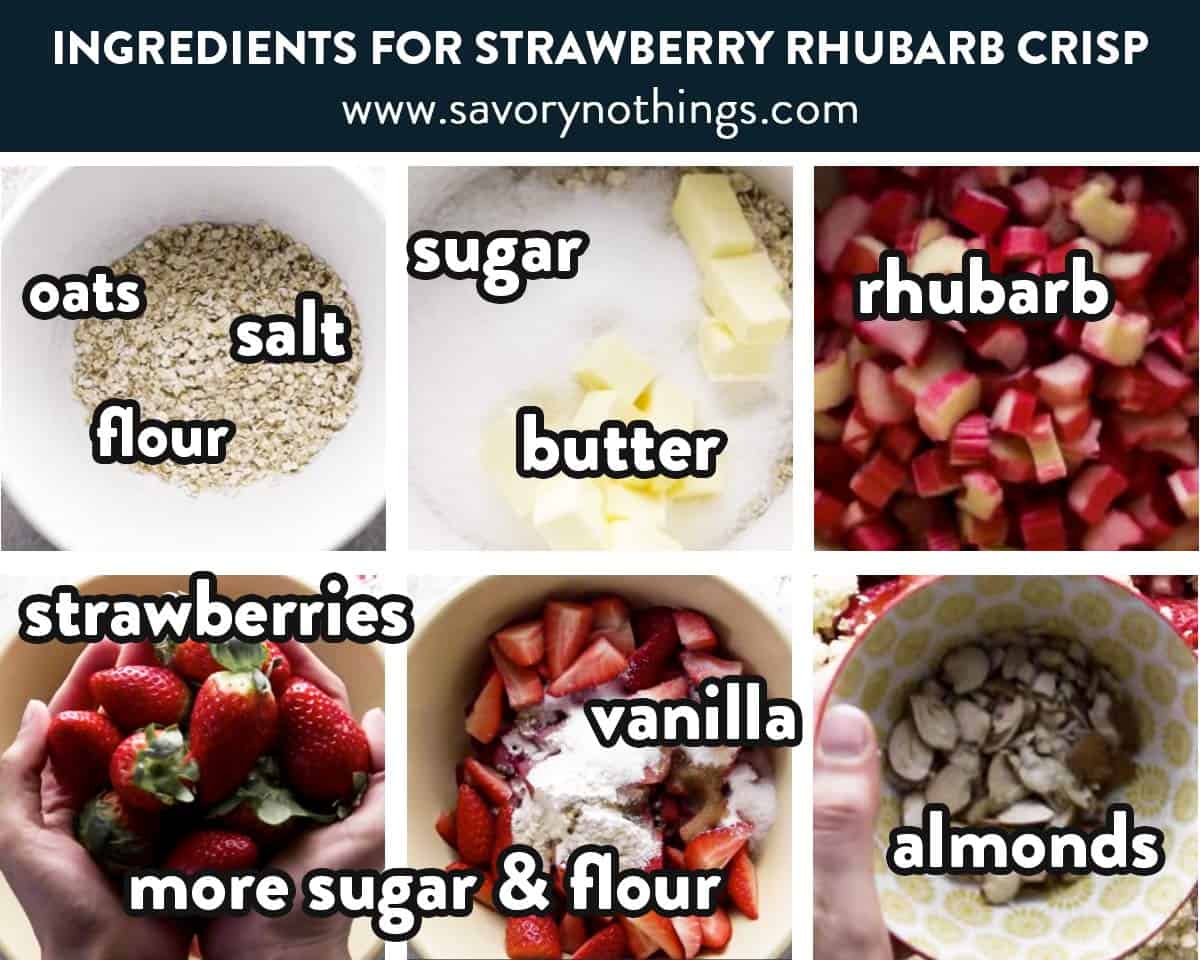 photo collage of strawberry rhubarb crisp ingredients