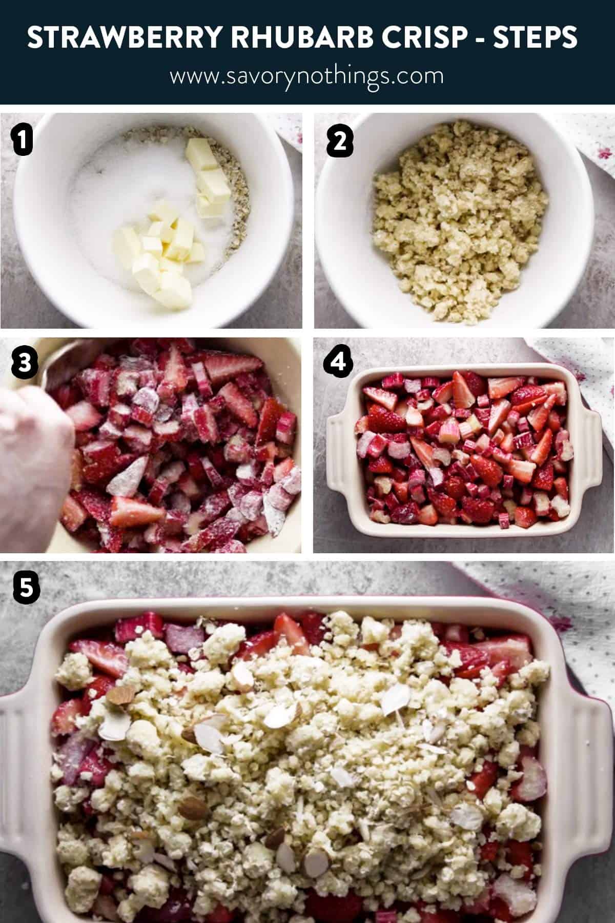 photo collage to show steps of strawberry rhubarb crisp