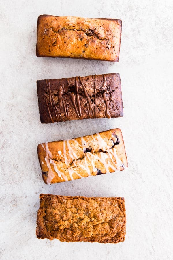 top down view on four loaves of banana bread