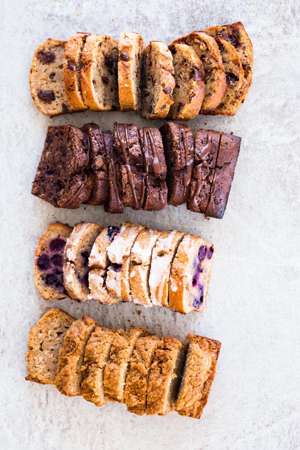 top down view on four loaves of sliced banana bread