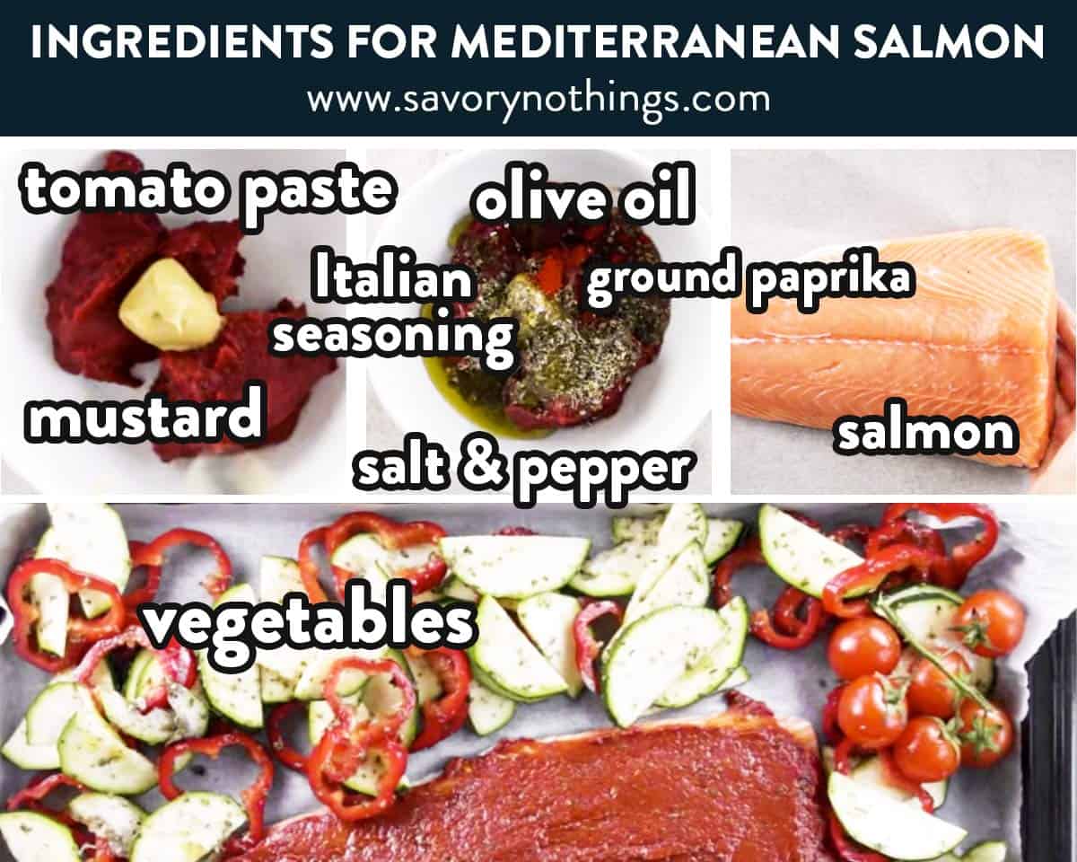 photo collage of mediterranean salmon ingredients