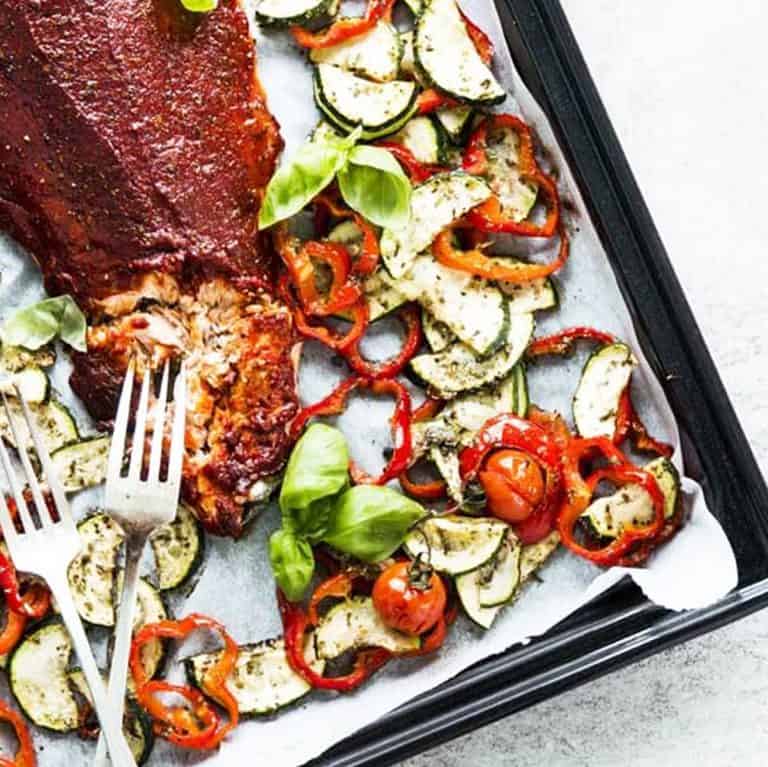 One Sheet Pan Tuscan Baked Salmon and Veggies Savory Nothings