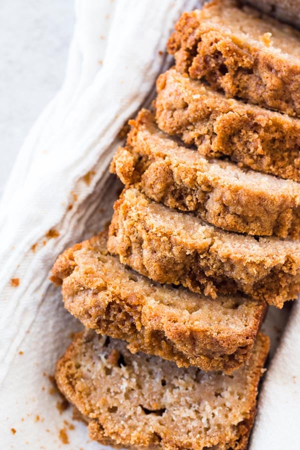 This Whole Wheat Cinnamon Crunch Banana Bread is a fun breakfast idea. Healthier with Greek yogurt, oil & whole wheat flour, yet such a special treat!