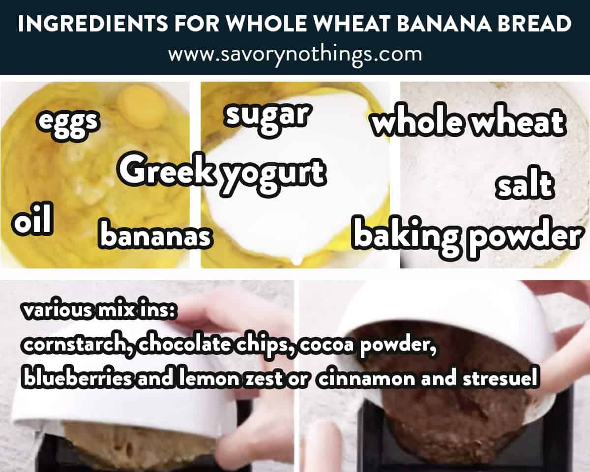 photo collage of ingredients for whole wheat banana bread
