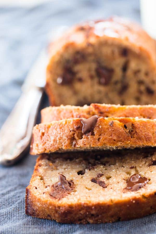 frontal view on sliced chocolate chip banana bread