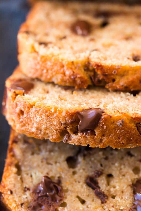 close up of chocolate chip banana bread slices