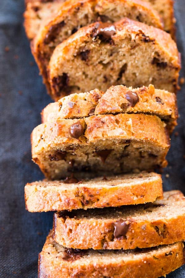 overhead view on sliced banana bread