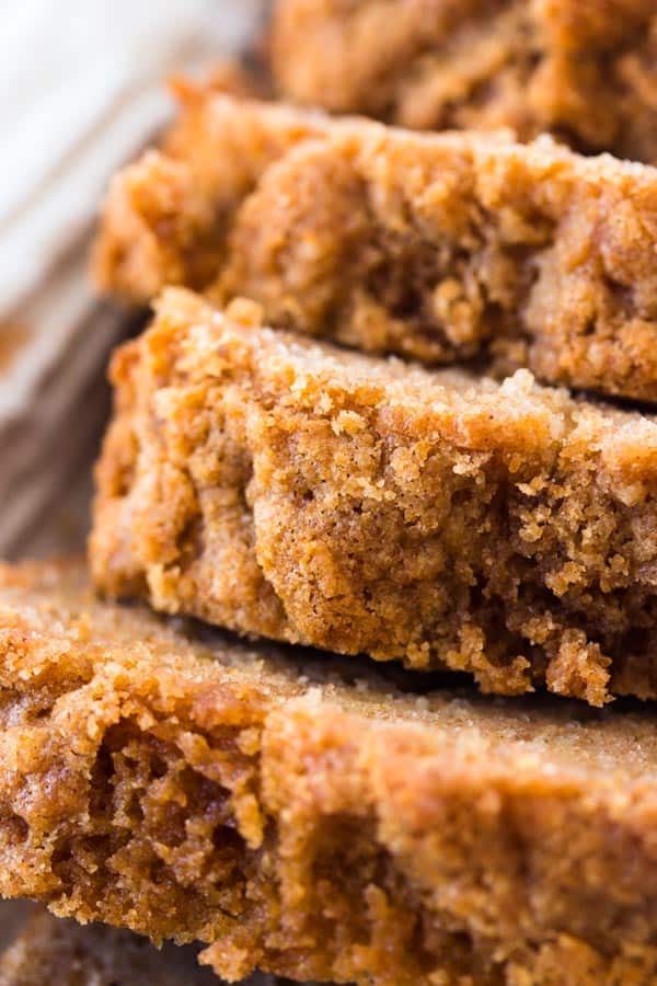 close up photo of cinnamon crunch banana bread