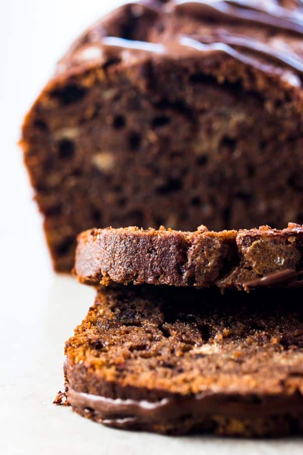 close up of sliced chocolate banana bread