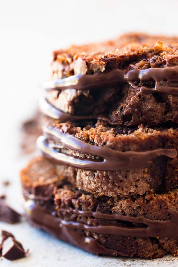 close up of stacked chocolate banana bread slices