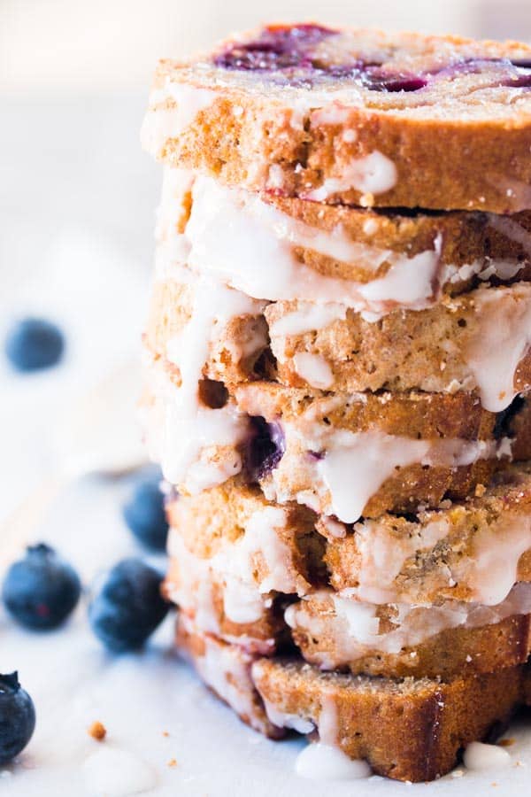 close up of stack of lemon blueberry banana bread slices