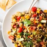 overhead view on Mexican macaroni salad on white plate