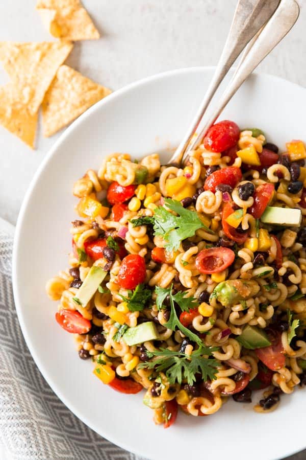 overhead view on Mexican macaroni salad on white plate