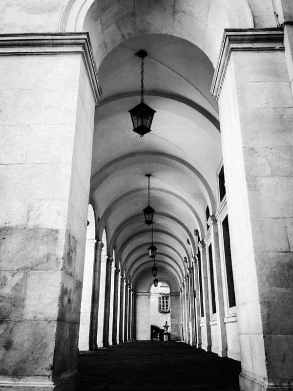 stone corridor in black and white