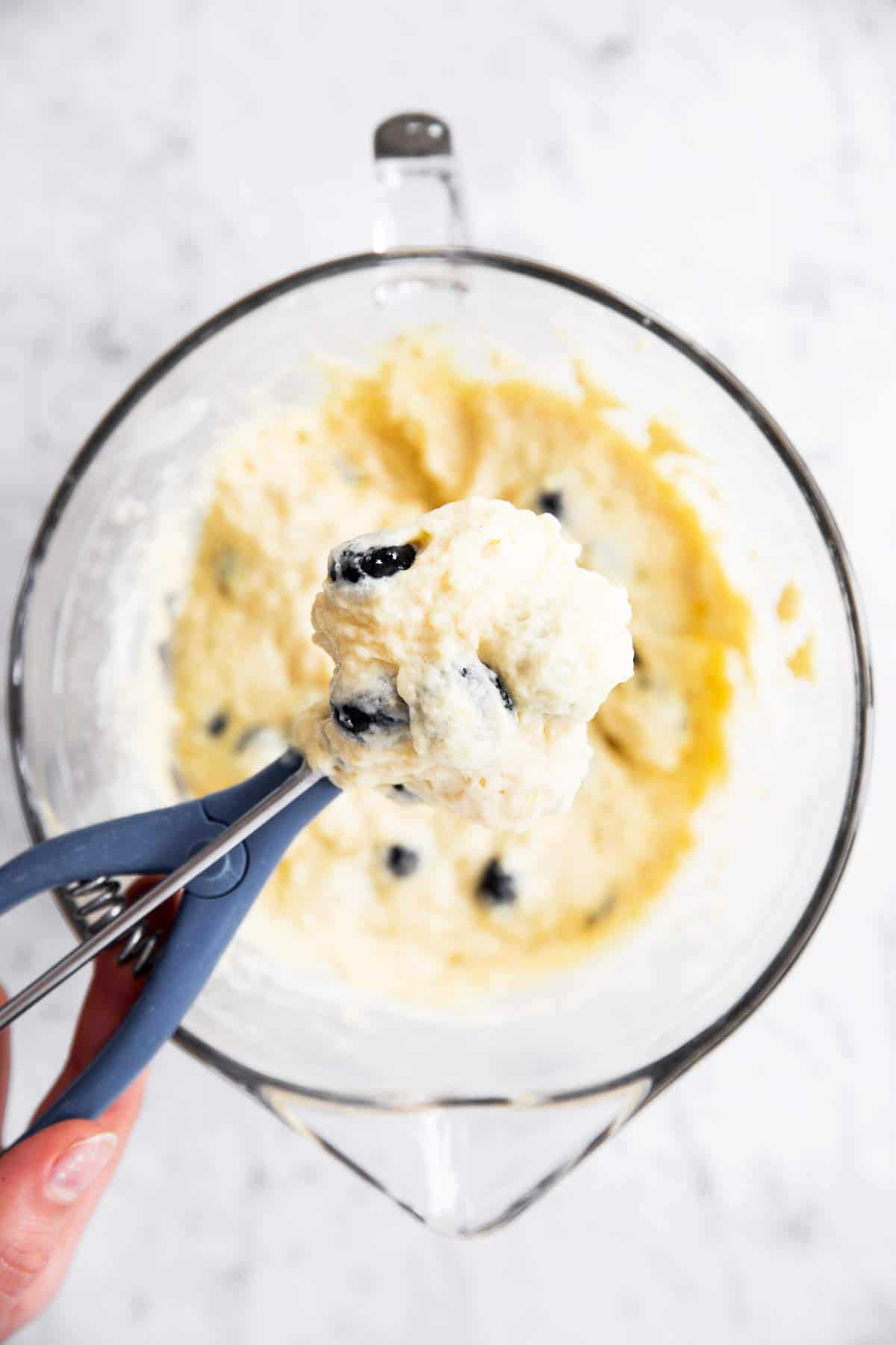 cookie scoop with blueberry muffin batter