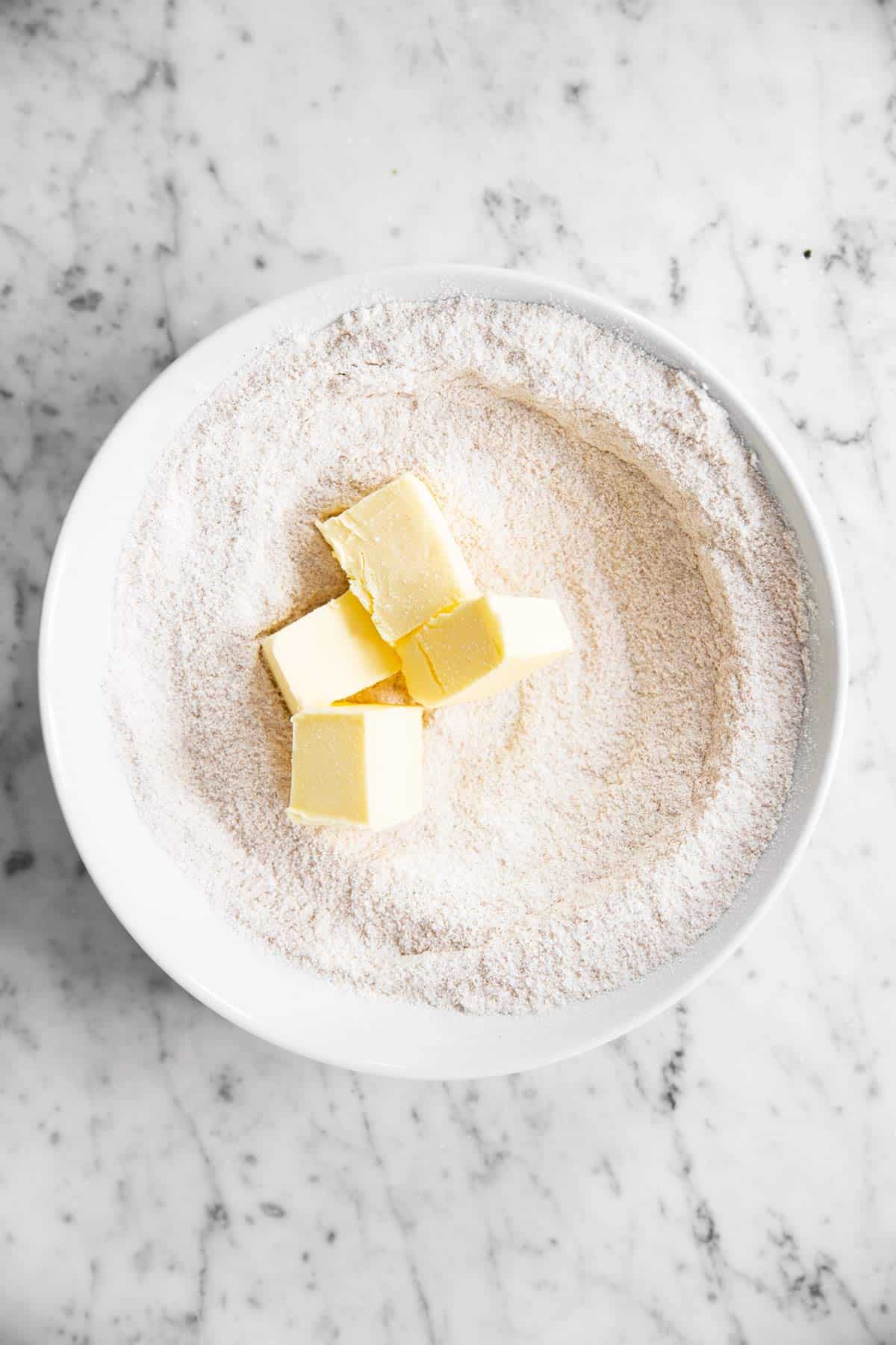 ingredients for streusel topping in white bowl