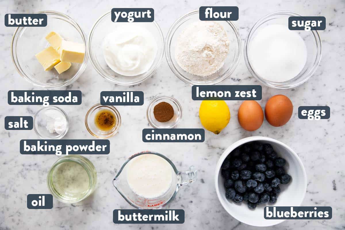 ingredients for blueberry muffins with text labels