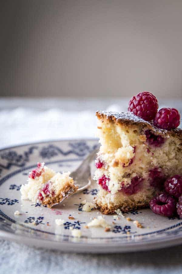 half eaten slice of raspberry cake on floral plate