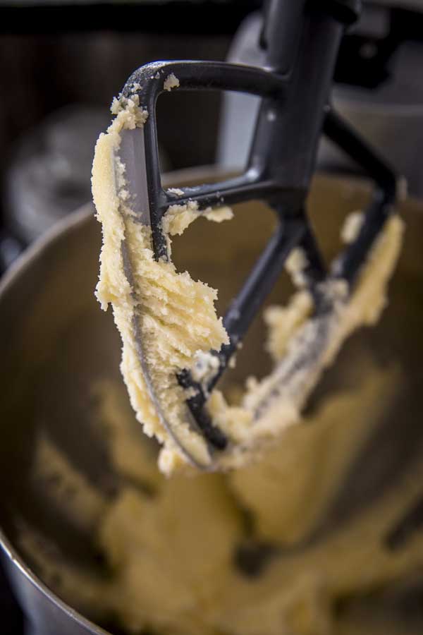 Cake batter for yogurt raspberry cake. In a stand mixer.