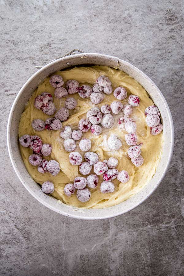 Layering raspberries on batter for yogurt raspberry cake.