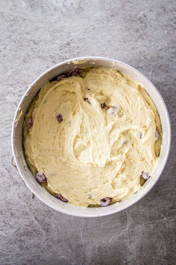 Layering batter and berries for yogurt raspberry cake.