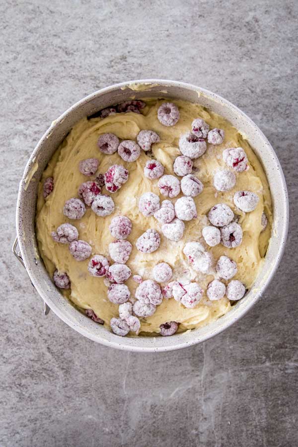 Layering batter and berries for yogurt raspberry cake.