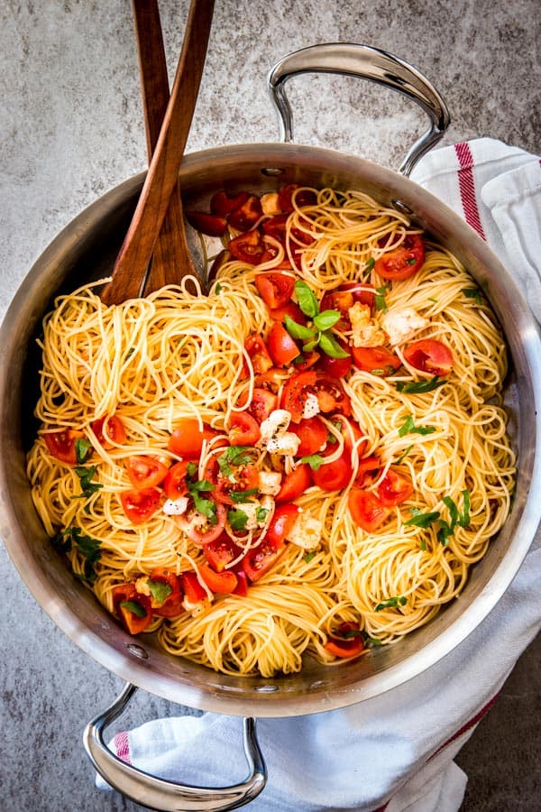 caprese pasta in a skillet