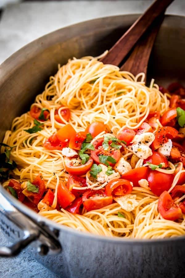 caprese pasta in a pan