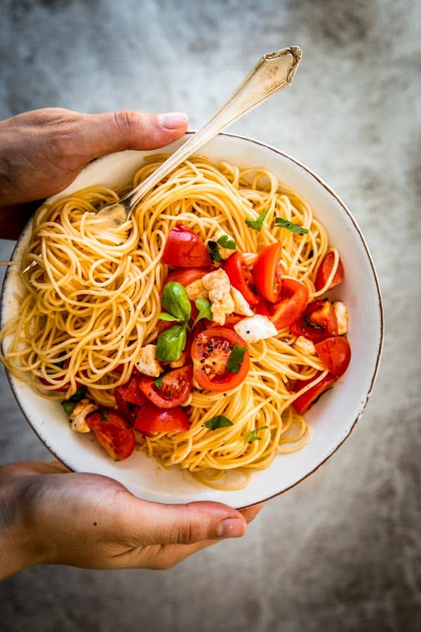 caprese pasta on a plate