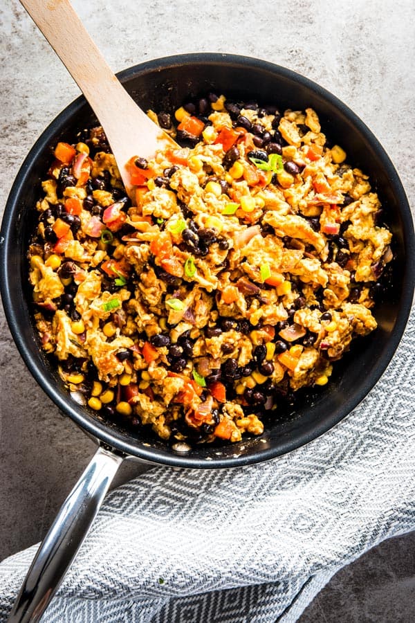 overhead view on pan with southwestern scrambled eggs