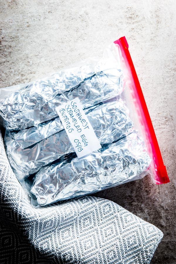 overhead view on burritos packed in freezer bag