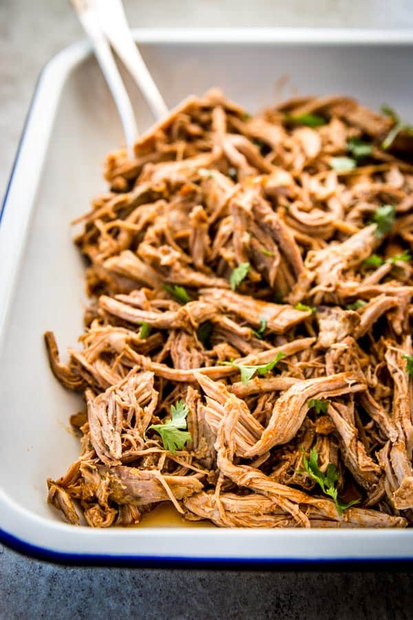 pork carnitas in white enamel dish