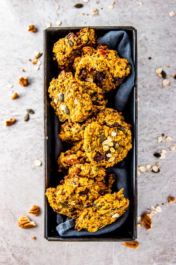 overhead view on pumpkin breakfast cookies in black dish