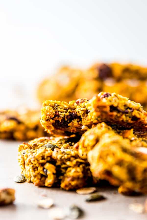 close up of pumpkin breakfast cookie with bite taken out