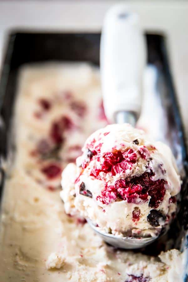 raspberry chocolate chunk ice cream in ice cream scoop